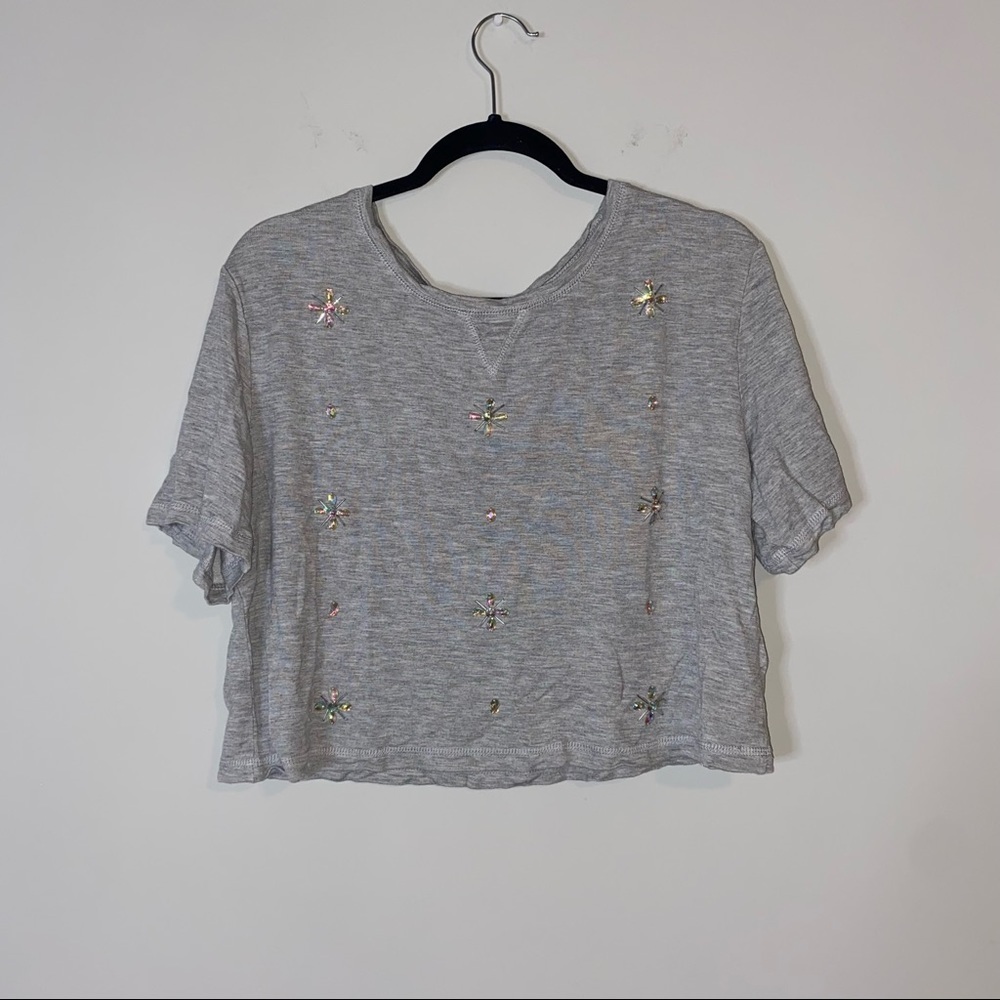 H&M Gray Rhinestone Short Sleeve Crop Top